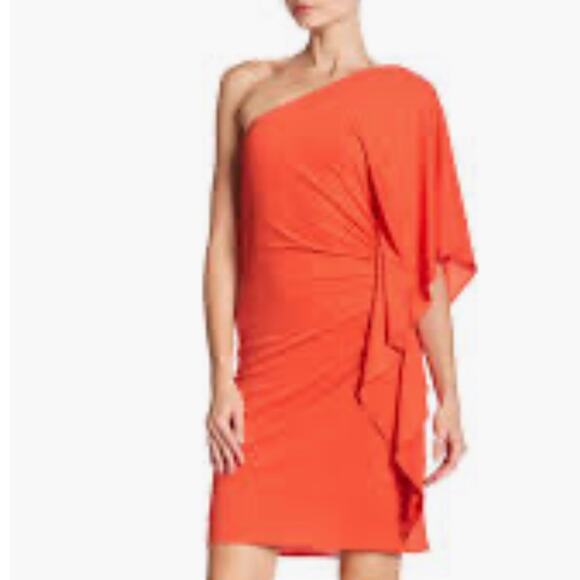 🆕 Trina Turk  Orange Shirred Side One Shoulder Sleeve Mini Dress Sz 0 NEW - Picture 1 of 5